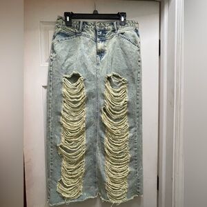 SHEIN Distressed Denim Maxi Skirt - Light Blue and Cream